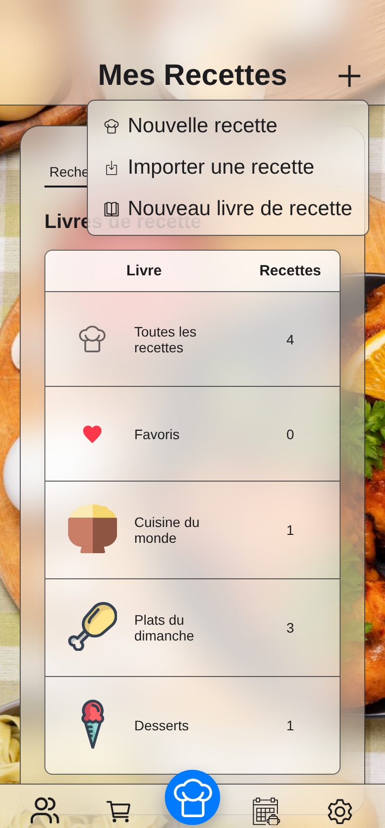 Le « + » en haut à droite : nouvelle recette, importer une recette, nouveau livre.