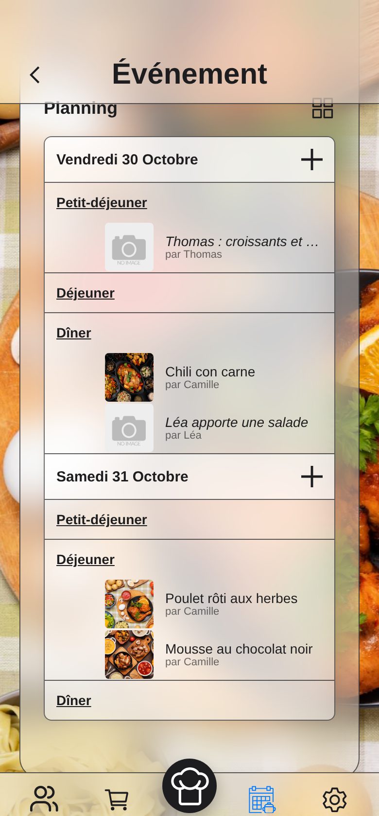 Le planning d’un événement : les jours, les repas et les plats proposés par chacun.