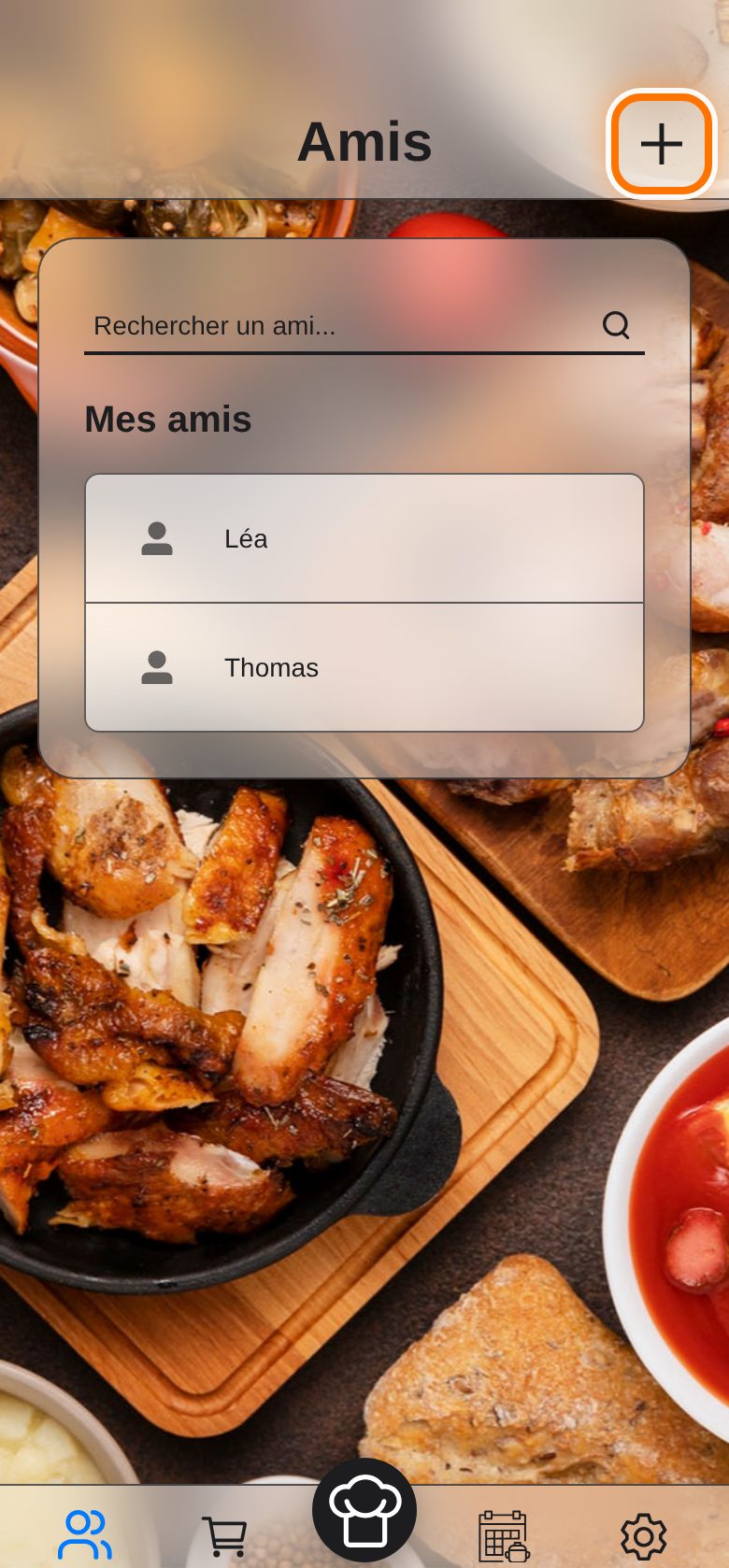La page Amis : le « + » (cerclé) invite un ami par son pseudo ou son e-mail.