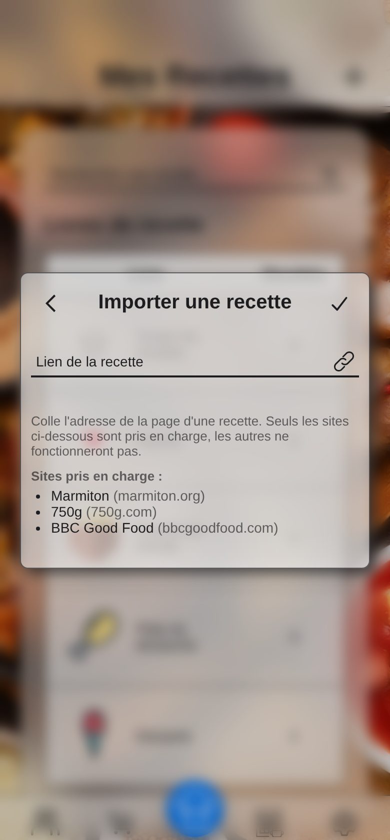 Colle le lien d’une recette, puis touche la coche.