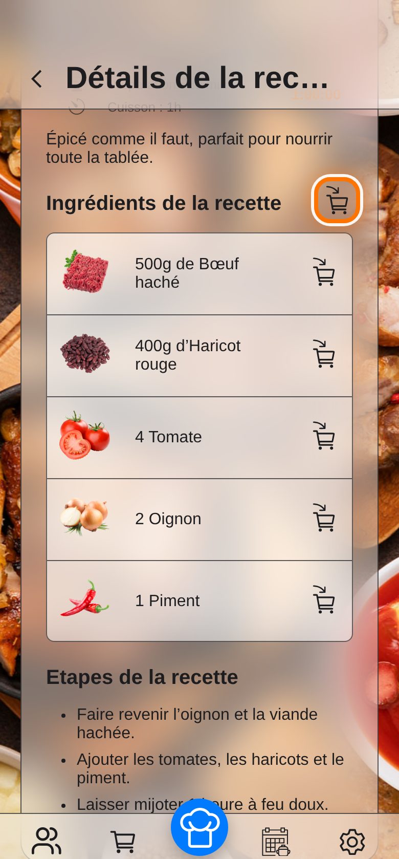 Sur une fiche recette, le caddie (cerclé) envoie les ingrédients dans une liste de courses.