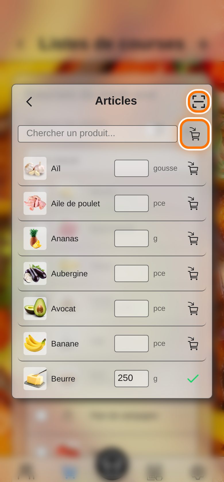 Dans la fenêtre Articles : l’icône code-barres lance le scan, le caddie à droite de la recherche crée un nouveau produit.