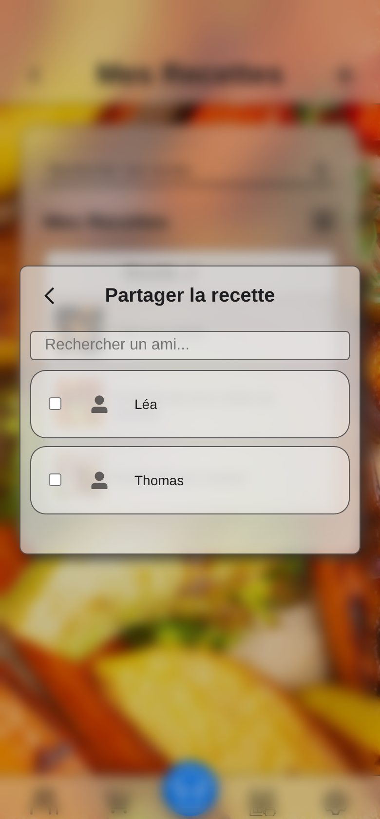 Coche les amis, puis touche la flèche < pour envoyer la recette.