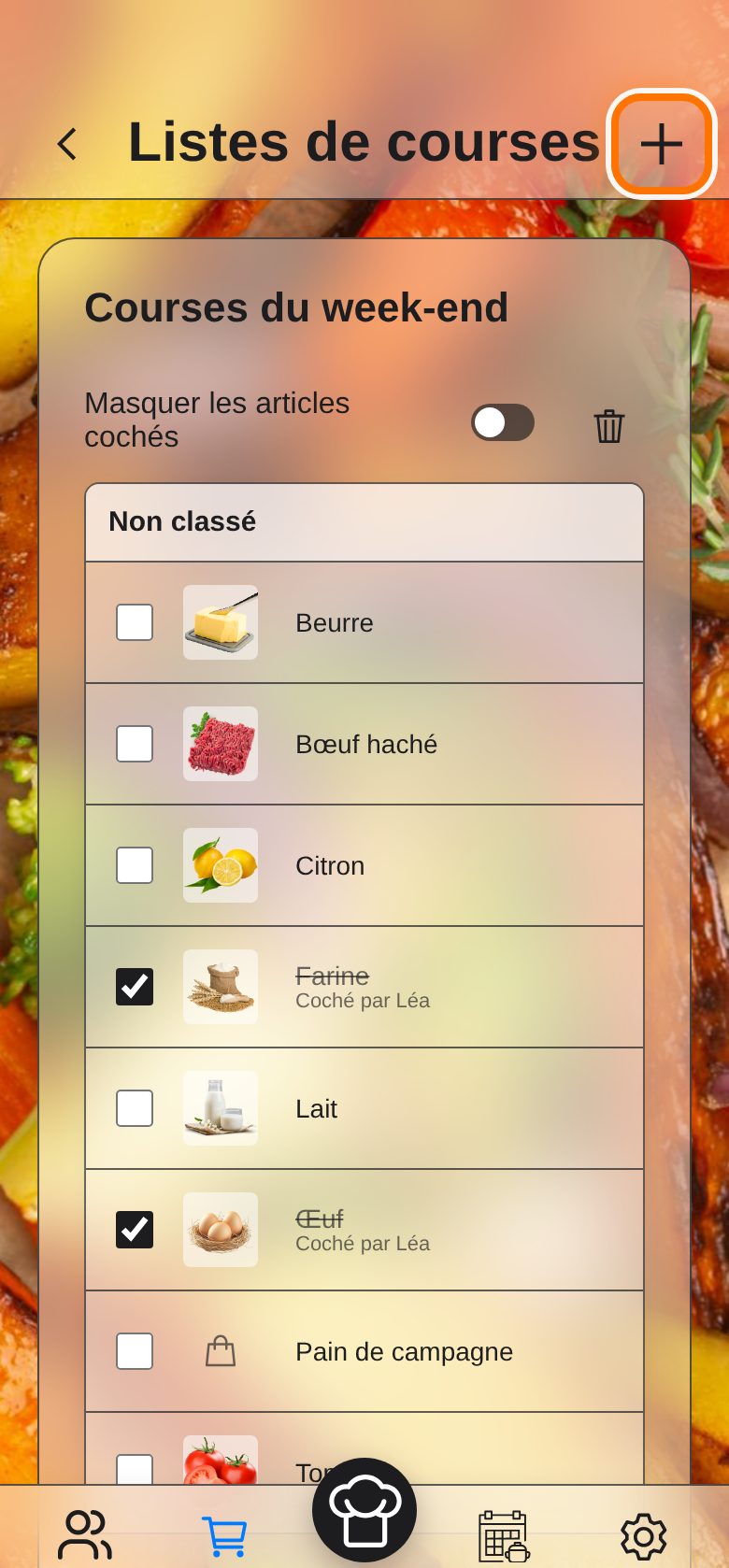 Une liste de courses : le « + » (cerclé) ouvre la fenêtre pour ajouter des articles.