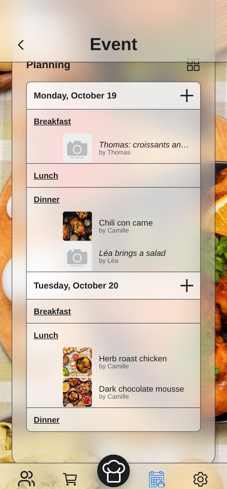 Screenshot: a weekend plan with everyone’s dishes