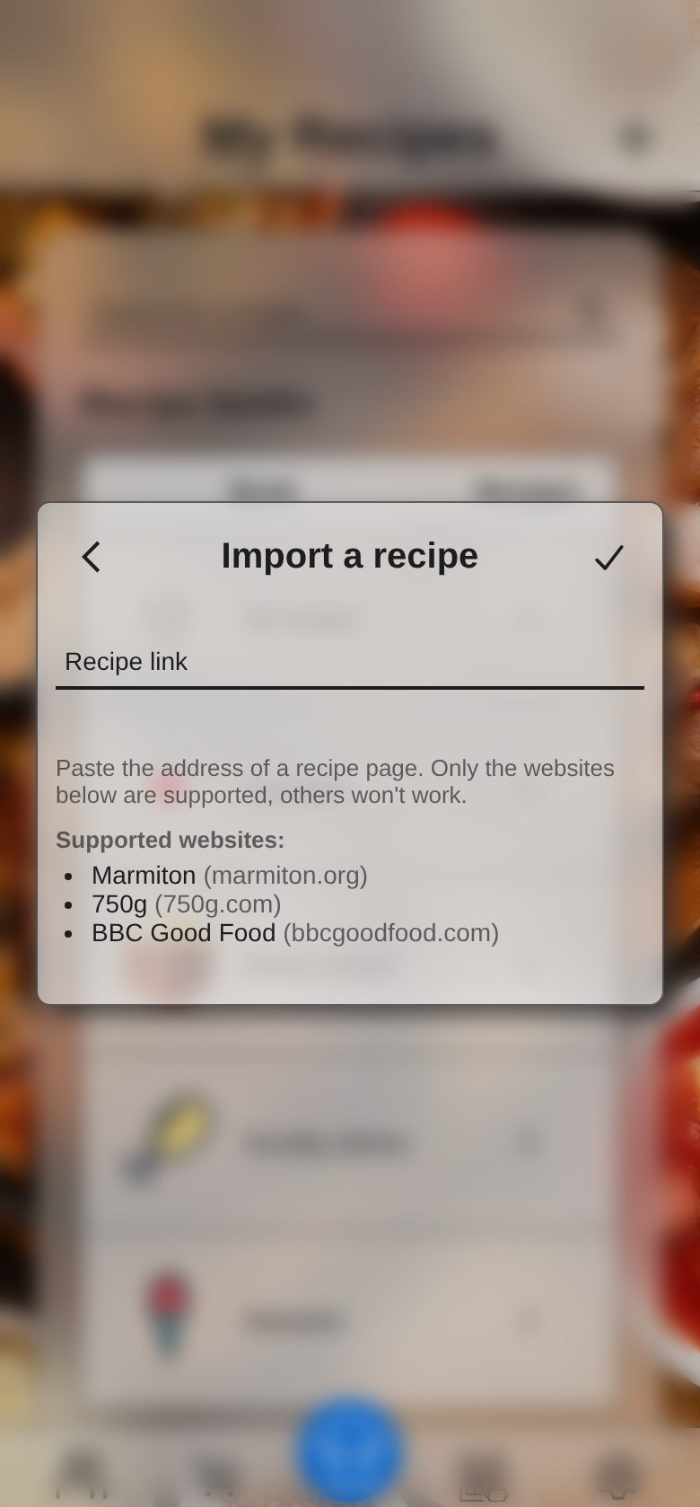 Screenshot: importing a recipe from a link