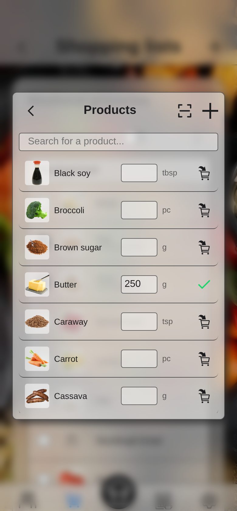 Screenshot: adding items with the scan button