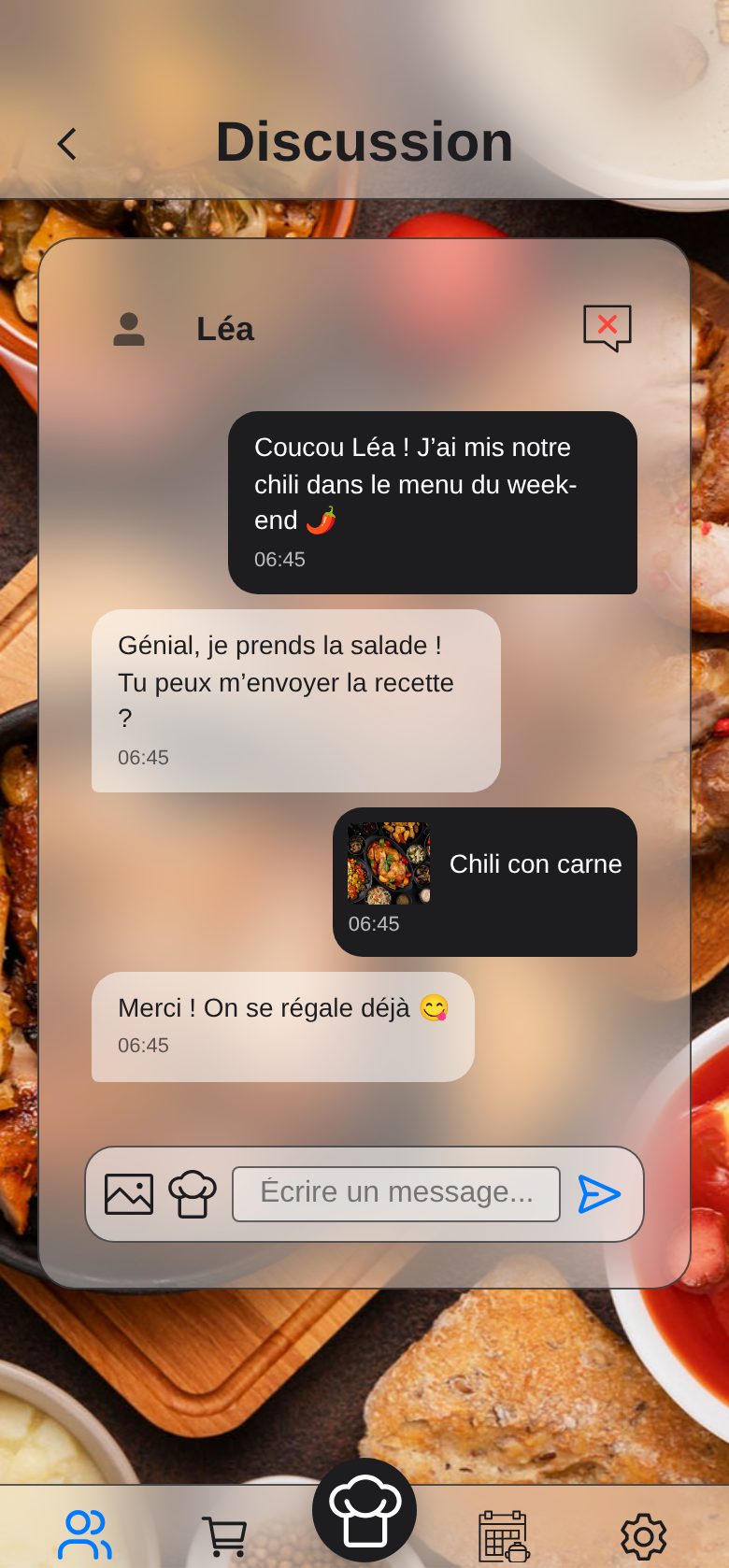 Capture d’écran : une discussion avec une recette partagée