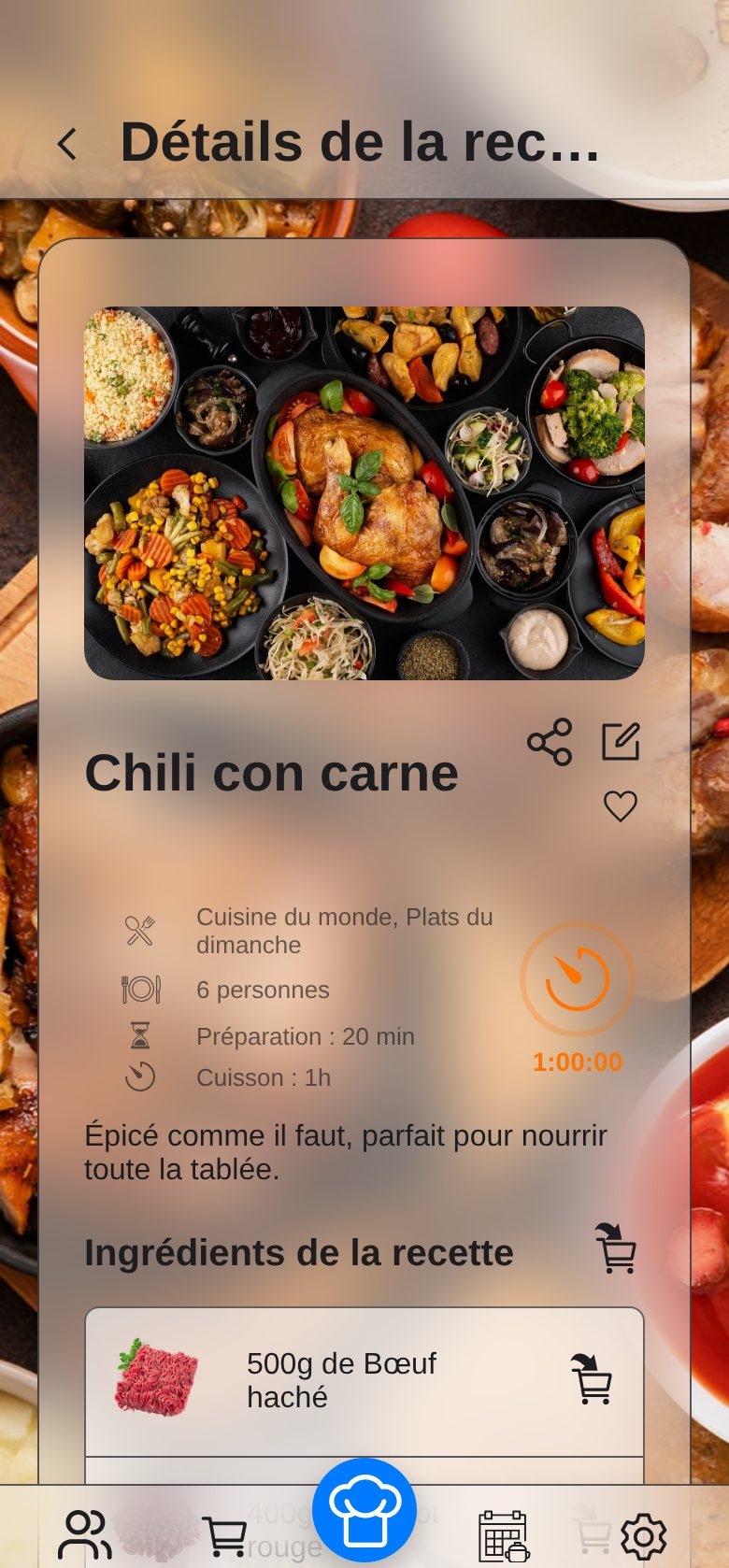 Capture d’écran : la fiche d’une recette avec ses ingrédients