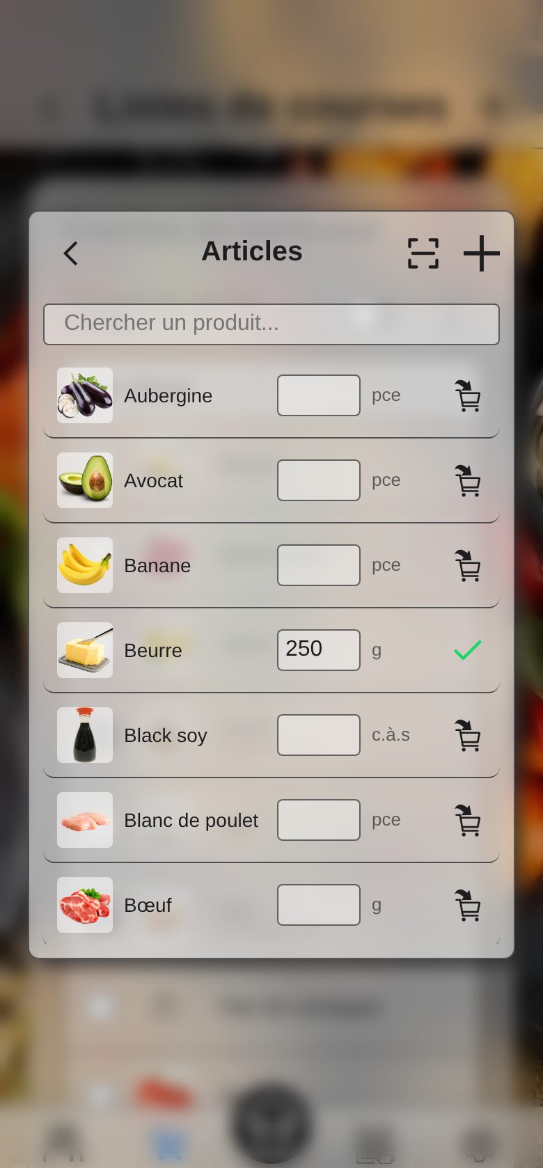 Capture d’écran : l’ajout d’articles avec le bouton de scan